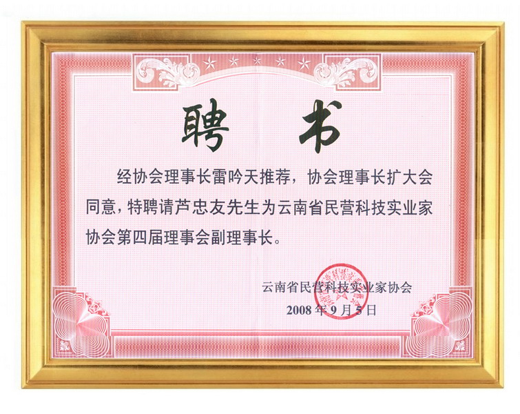 第四届理事会副理事长证书